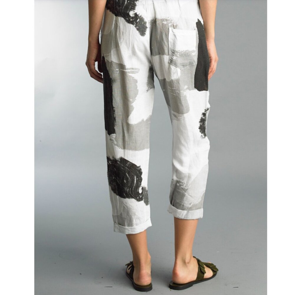 Tempo Paris Flora Silver Brush Stroke Linen Wide Leg Pull-On Pants Medium - Picture 4 of 14